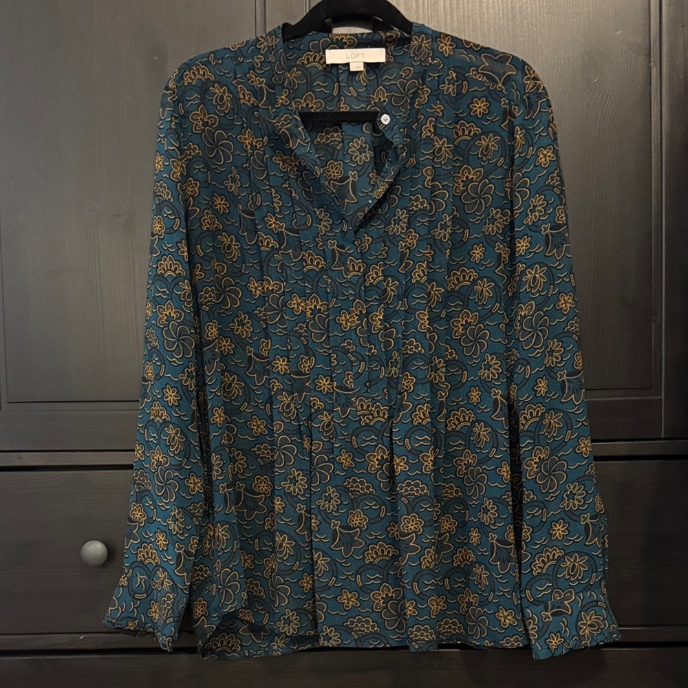 LOFT Teal and Mustard Floral Button-Front Blouse